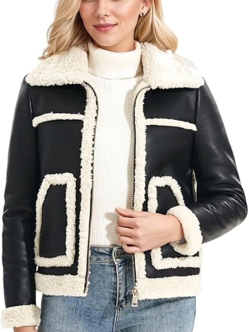 Black Faux Leather Shearling Jacket with Cream Trim
